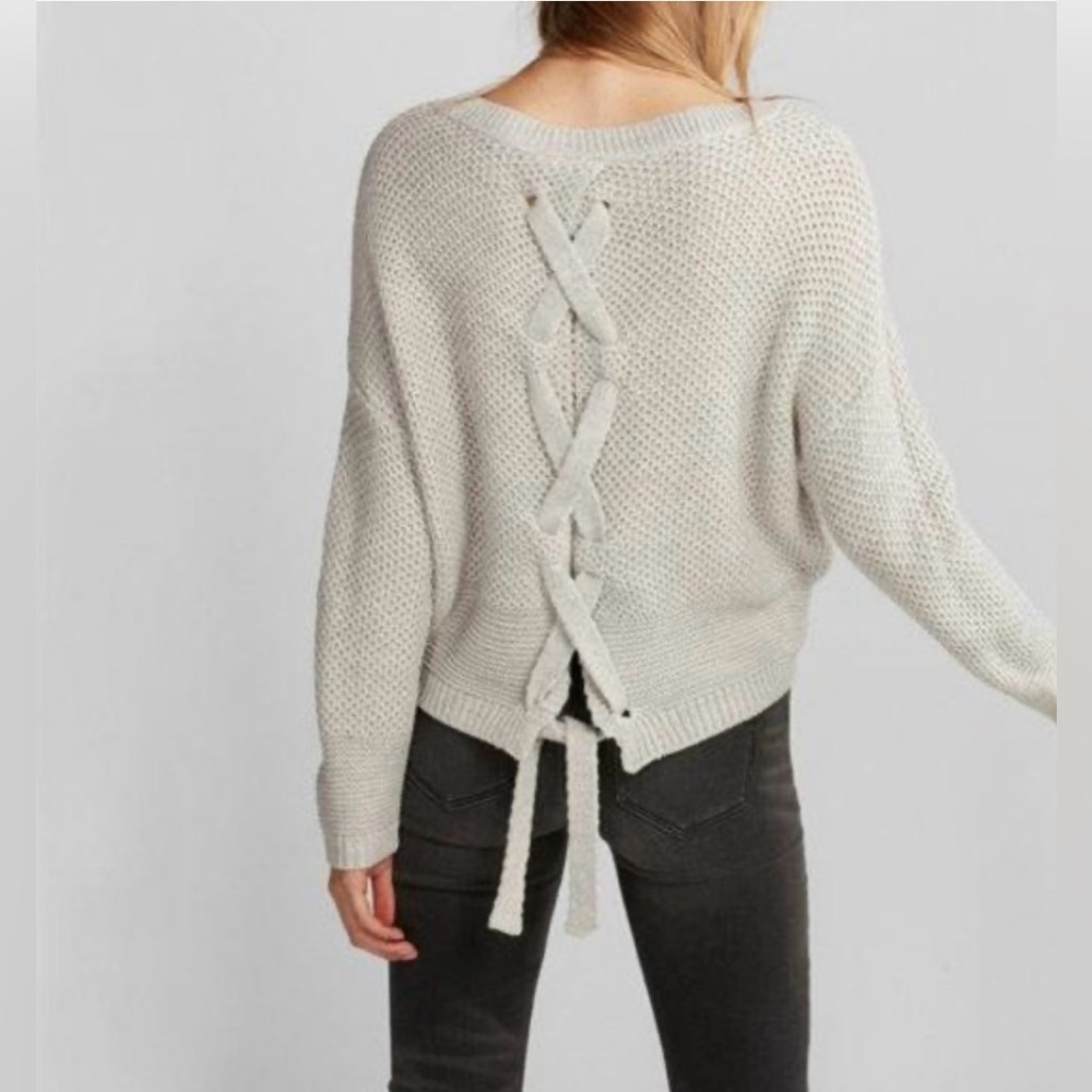 Express Cream Knit Lace-Back Crew Sweater